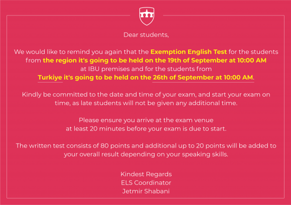 Announcement for the IBU Exemption English Test
